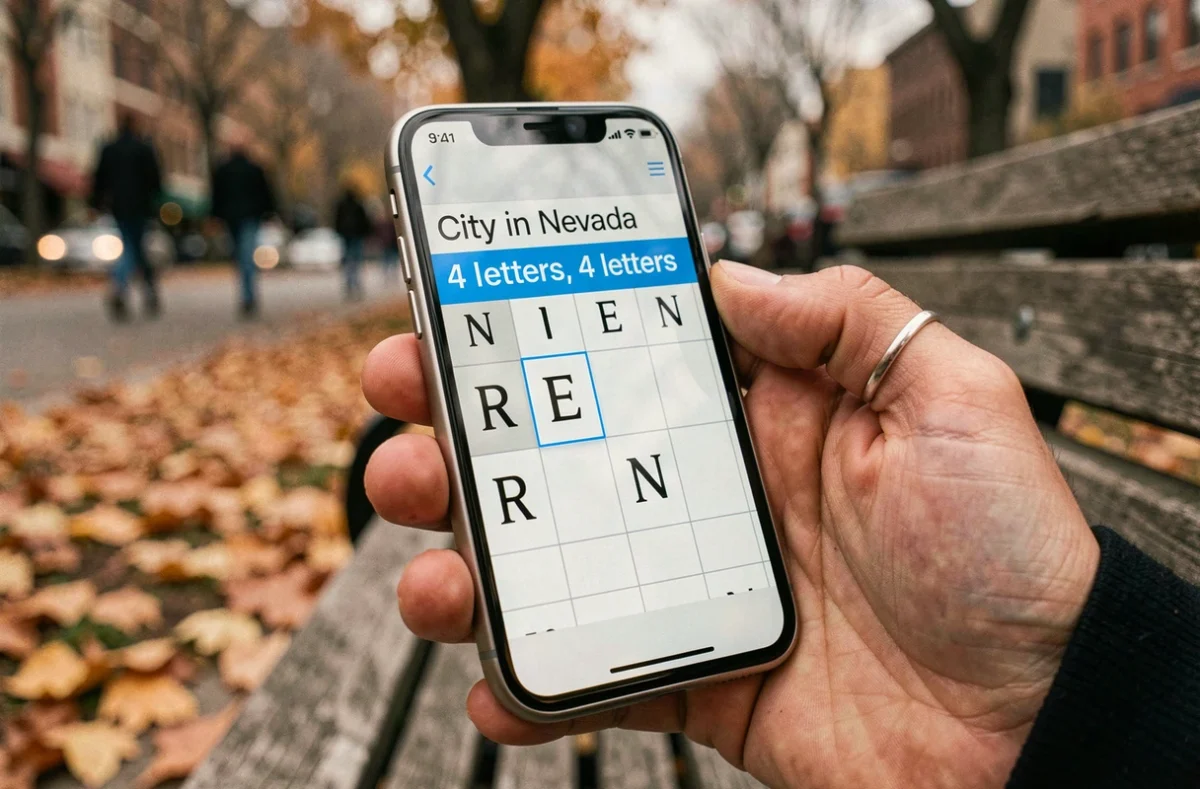 Main tenant un smartphone avec une application de mots croisés affichant un indice sur une ville du Nevada en 4 lettres dans un parc en automne