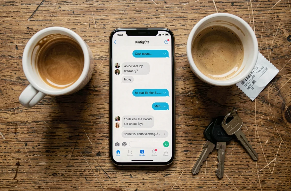 Vue de dessus d'un smartphone avec une application de rencontre sur une table de café avec un expresso