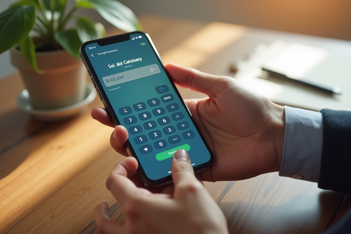 Main tenant un smartphone avec une application de calcul de salaire