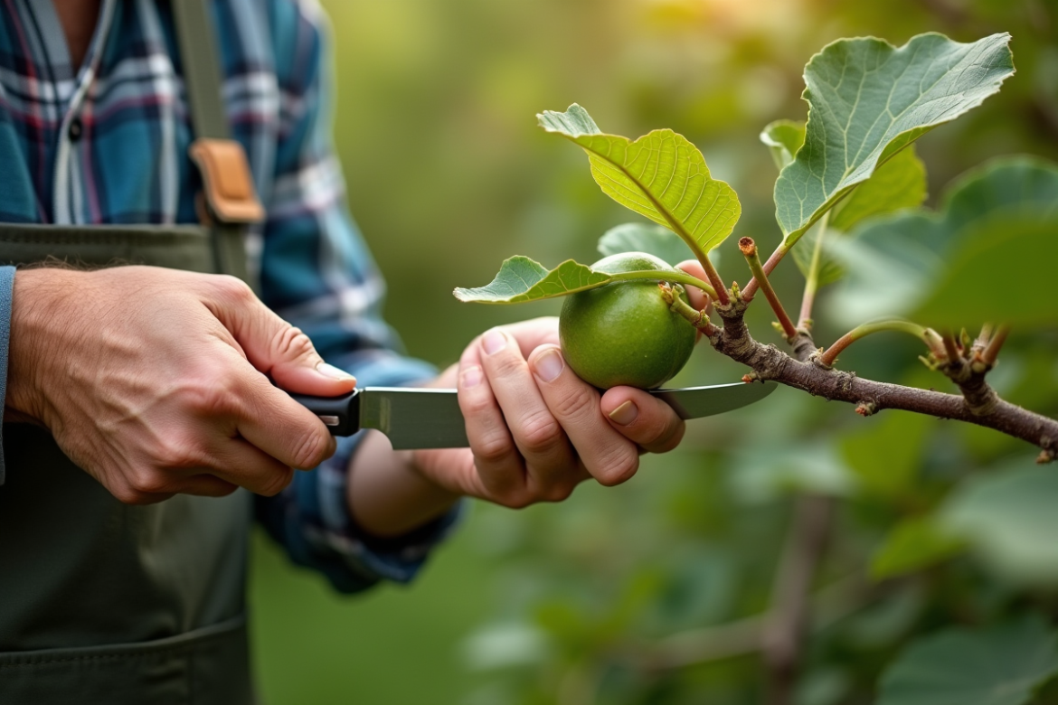 Mains de jardinier taillant un figuier avec un couteau
