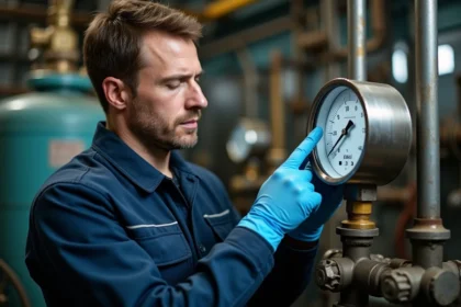 Technicien industriel lisant un manomètre avec graduations bar et psi dans un atelier de tuyauterie