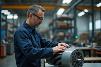 Technicien inspectant un moteur électrique en atelier