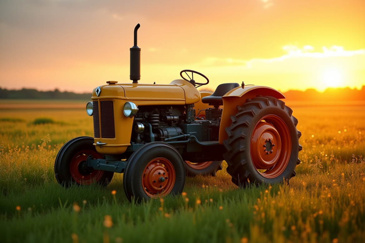 Tracteur Renault dans un champ au lever du soleil