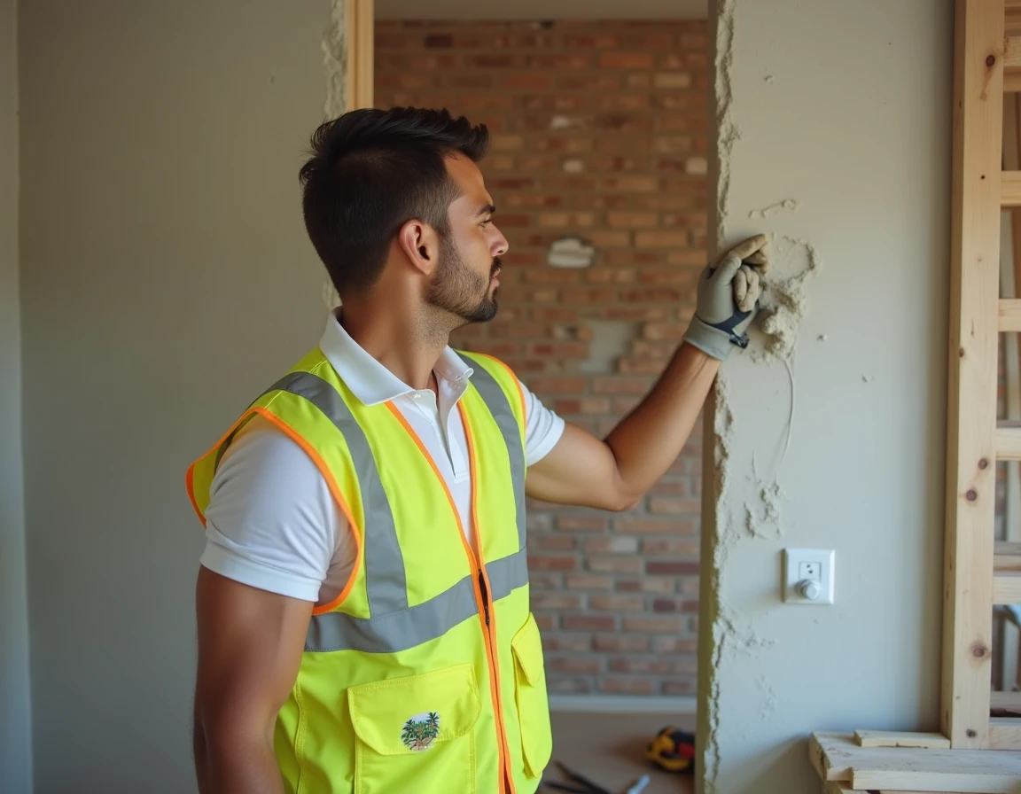 Électricien de Tropic Elec installant une prise électrique sur un mur en cours de rénovation