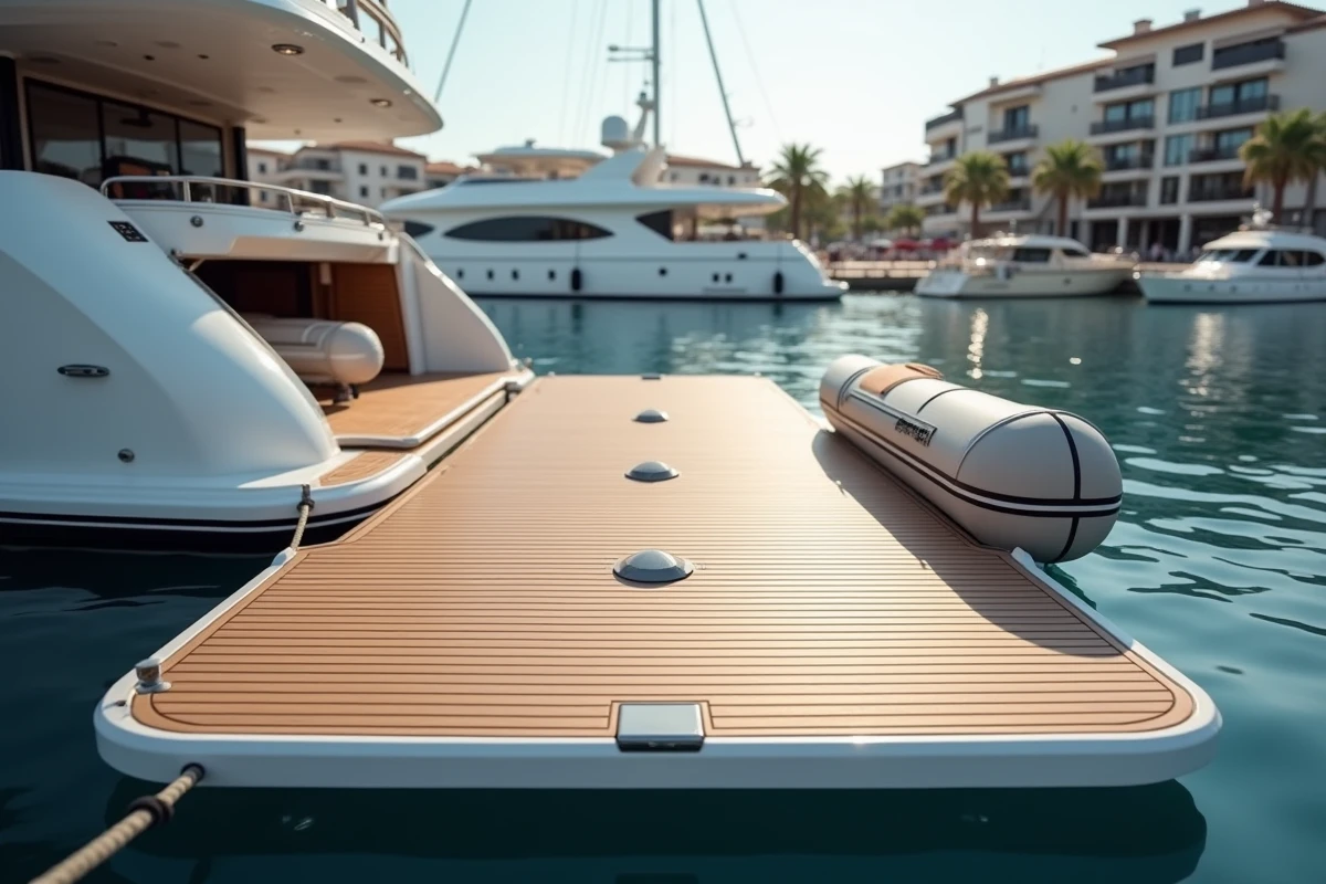 Plage arrière et plateforme de bain d'un superyacht de luxe amarré en marina, détail du teck et des équipements hydrauliques intégrés