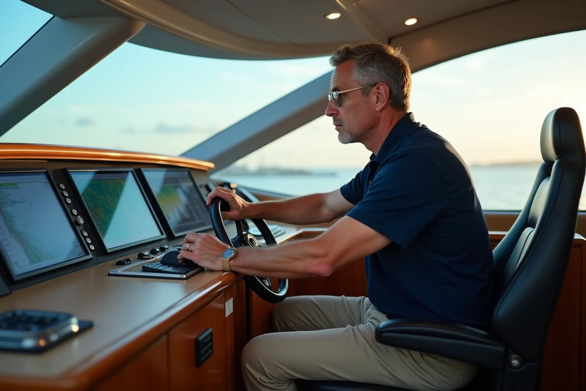 Ingénieur naval à la barre d'un yacht de luxe, poste de pilotage high-tech avec écrans de navigation multifonctions et console en fibre de carbone