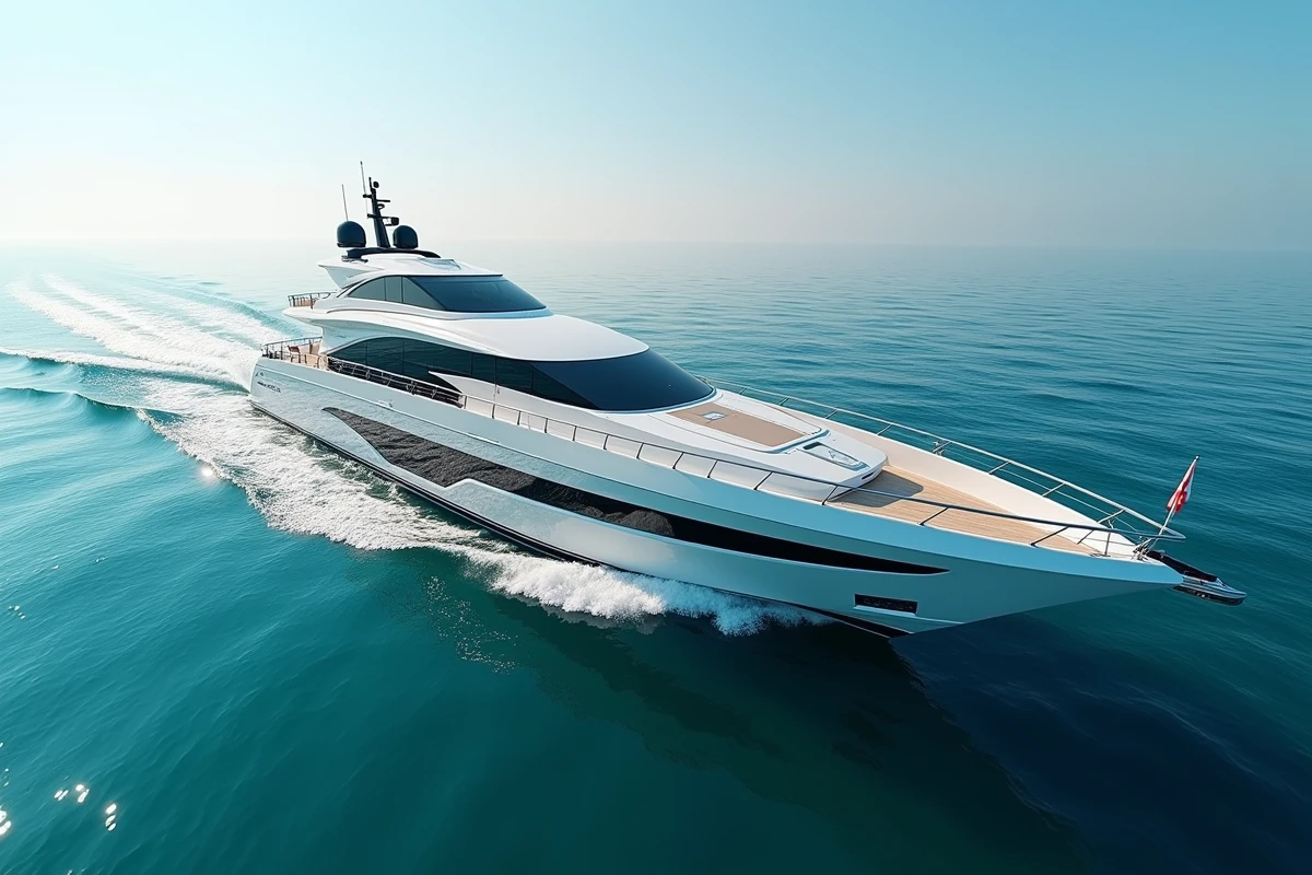 Yacht de luxe moderne naviguant en mer Méditerranée, vue latérale complète révélant le design aérodynamique de la coque blanche et les lignes épurées du superstructure